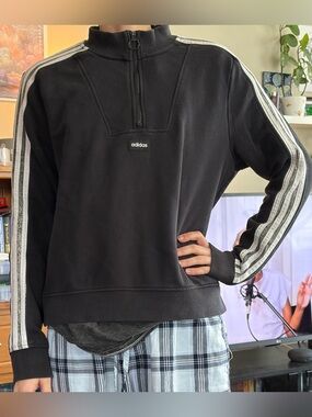 adidas Black Half-Zip Track Sweater with White Three-Stripes